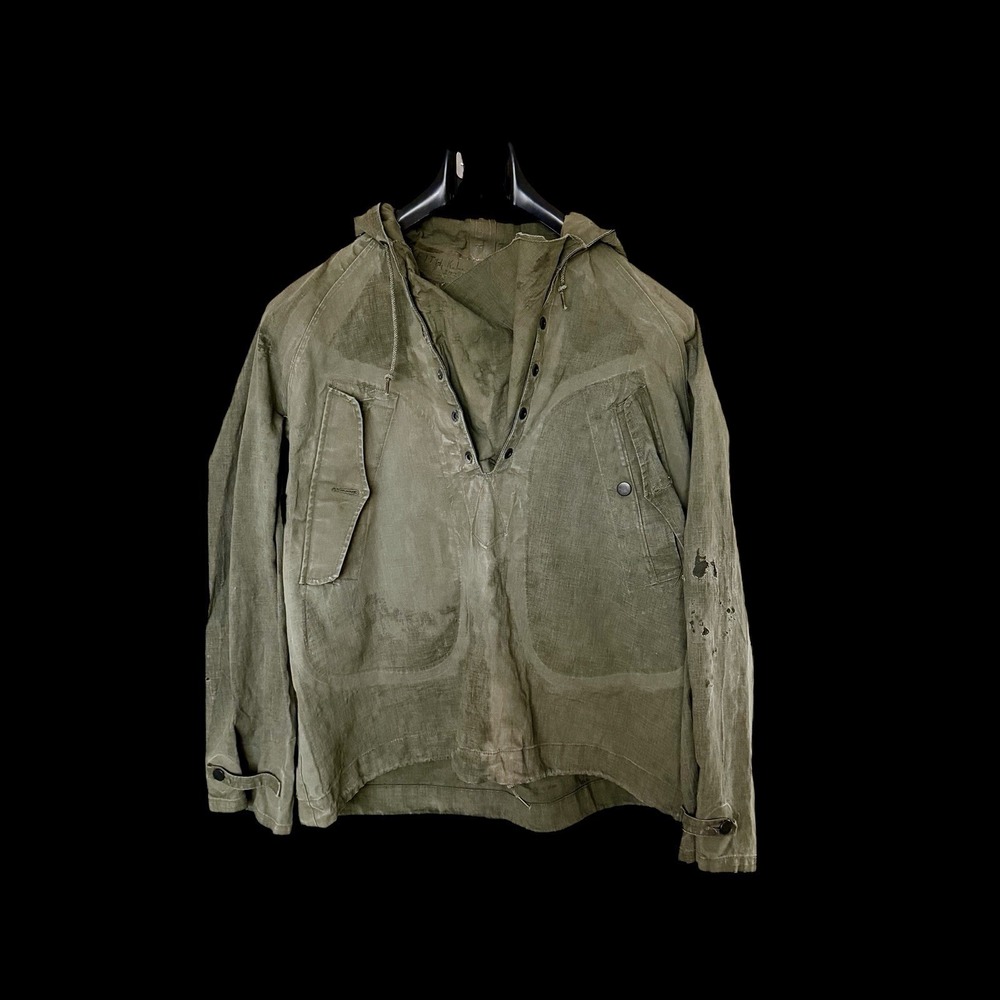 Vintage 60's Anorak Pullover Green Military Army Jacket Hooded M/L Distressed